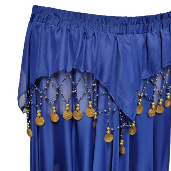 Blue Short Skirt Belly Dancing Skirt Crocheted with Gold Beads and Coins NEW - Picture 3 of 6